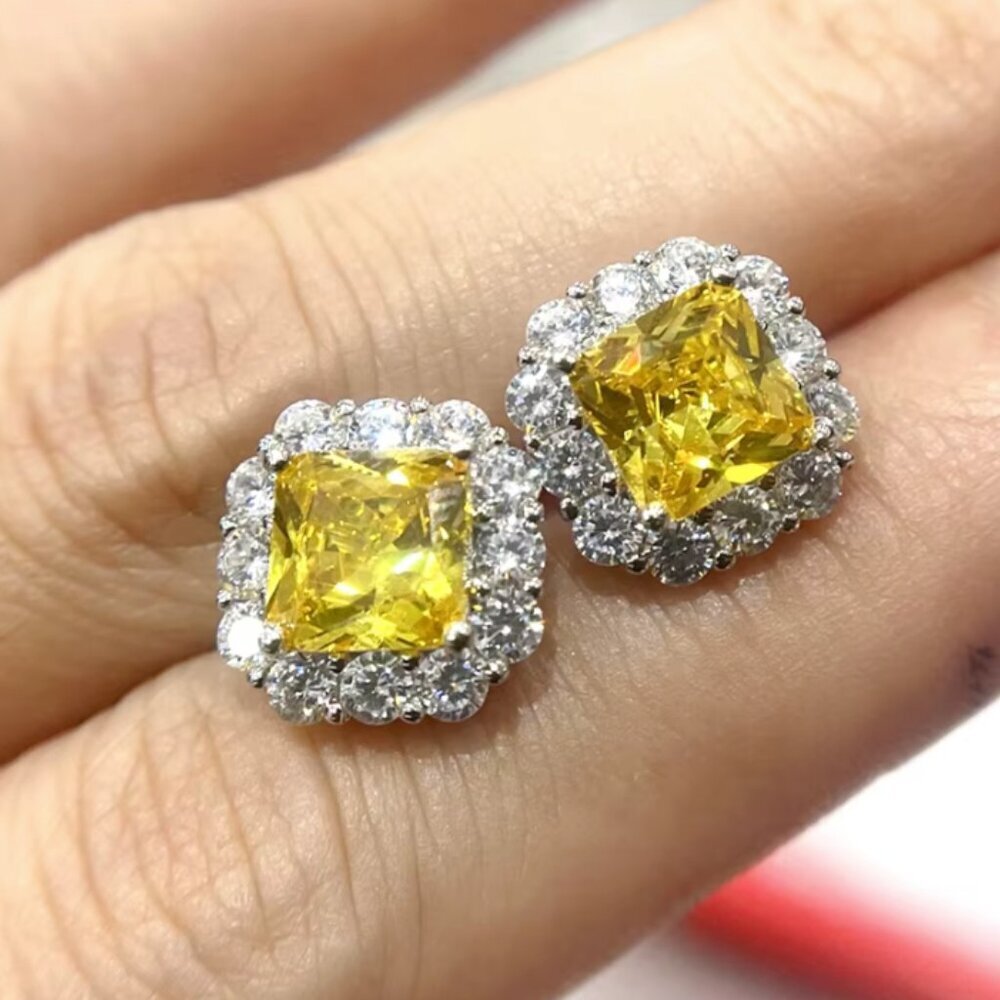 18k White Gold Citrine Diamond Earrings Princess Cut Flower Stud earrings